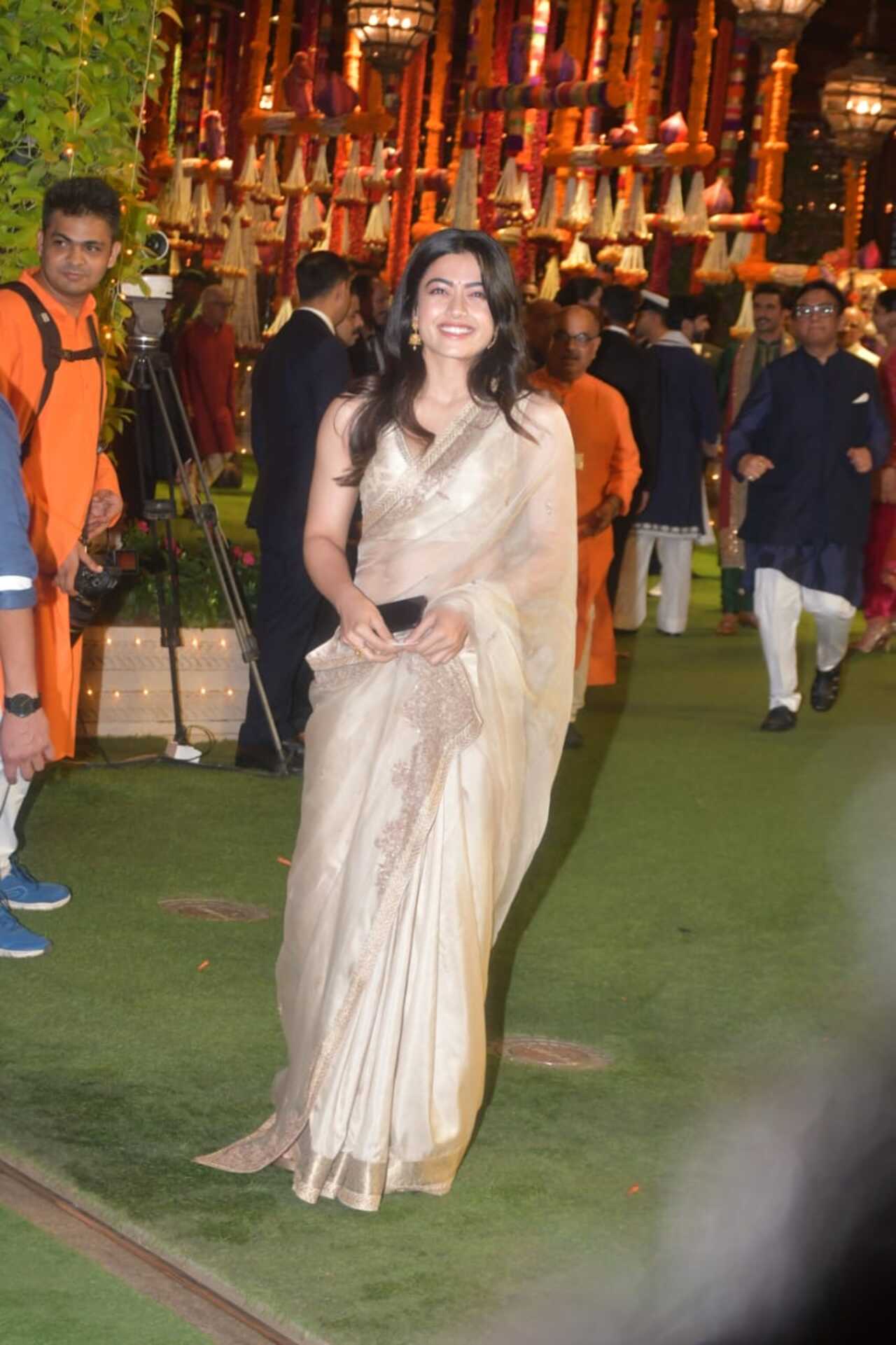 Rashmika Mandanna was at the Ambanis' Ganesh Puja. The actress looked lovely in a ivory sheer saree